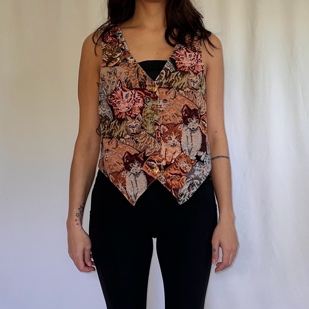 Vintage Cat Print Tapestry Vest